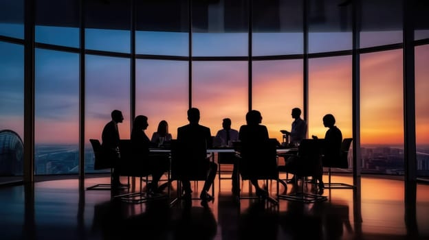 Silhouettes of group of business people against sunset comeliness