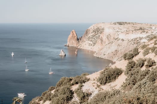 Aerial panoramic view of beautiful sunset above sea. Beautiful seascape. Sun glare, small waves on the water surface. Evening. Horizon. Nobody. No people. Copy space. Never-ending beauty of nature