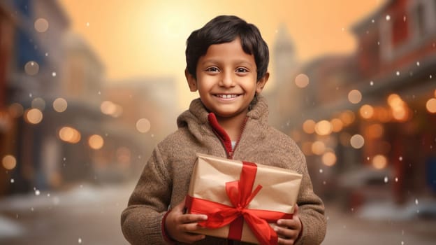 Indian kid with big giftbox is looking to the camera dusty street on background. Christmas support. Give and share kindness