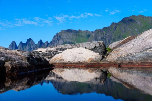 A breathtaking scene of a Norwegian fjord on a sunny day, with tranquil waters, majestic mountains, and a clear blue sky reflecting on the serene sea.