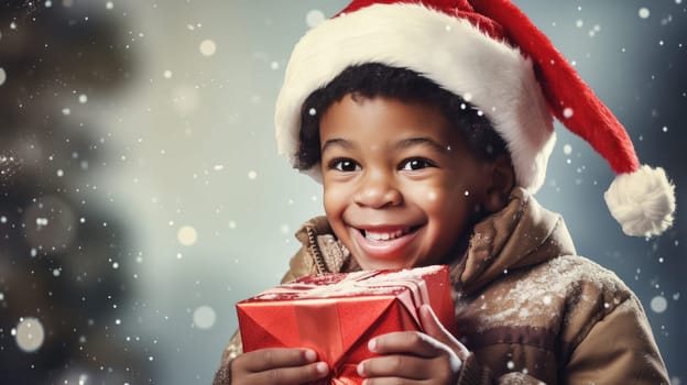 Happy African American kid with big giftbox is looking to the camera. Christmas holiday shopping. Give and share kindness