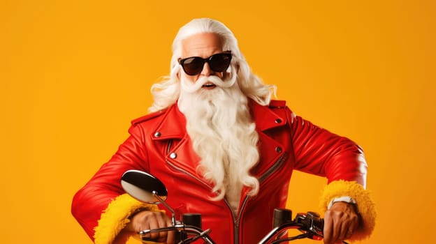 Portrait of funny crazy hipster Santa Claus in red hat fun Christmas x-mas party celebrate New year time dance on yellow background