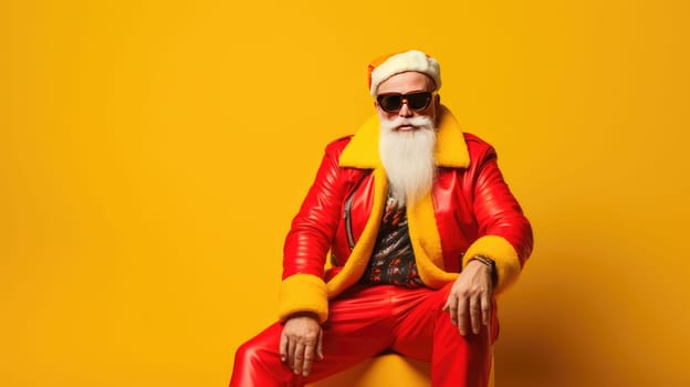 Portrait of funny crazy hipster Santa Claus in red hat fun Christmas x-mas party celebrate New year time dance on yellow background