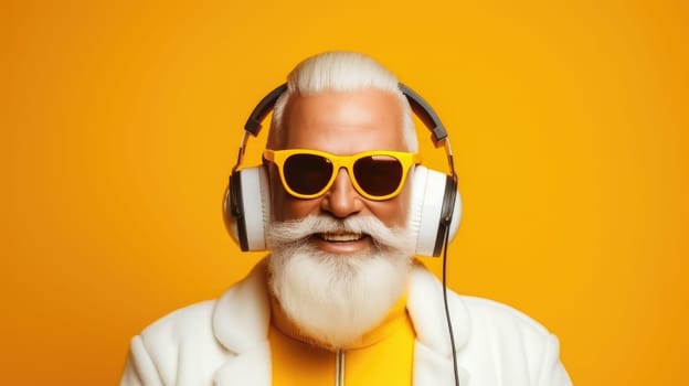 Portrait of funny crazy hipster Santa Claus in headphones fun Christmas x-mas party celebrate New year time dance on yellow background