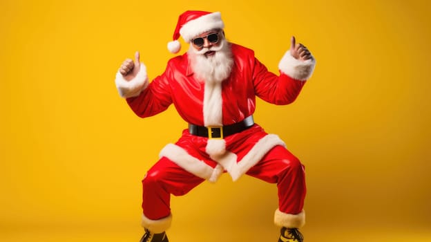 Portrait of funny crazy hipster Santa Claus in red hat fun Christmas x-mas party celebrate New year time dance on yellow background