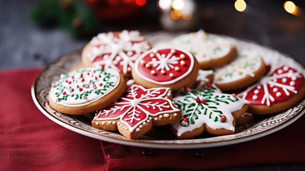 Homemade Christmas gingerbread cookies decorated with sweet sugar icing served on plate on white wooden background.