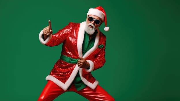 Portrait of funny crazy hipster Santa Claus in red hat fun Christmas x-mas party celebrate New year time dance on green background