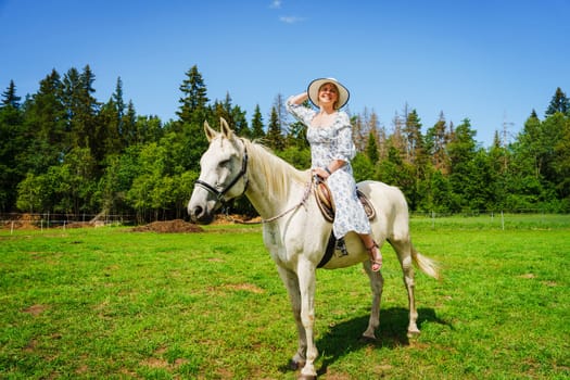 A beautiful young woman riding a majestic horse through a lush green field on a sunny summer day, with a bright blue sky and fluffy white clouds in the background.