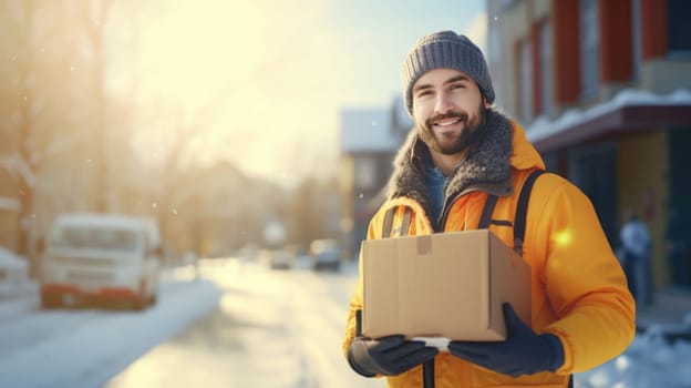 Smiling delivery man holding parcel box looking at camera blurred Winter street background. Christmas holidays delivery.