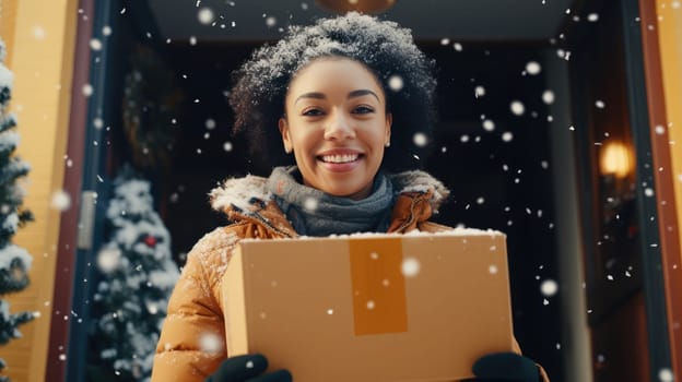 Smiling woman holding parcel box next to front door house entrance. Christmas holidays delivery. Black Friday Online shopping