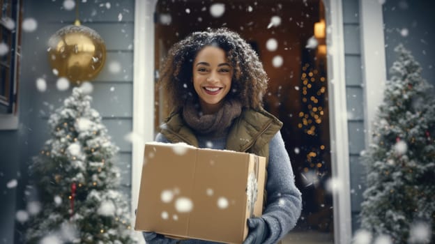 Smiling woman holding parcel box next to front door house entrance. Christmas holidays delivery. Black Friday Online shopping