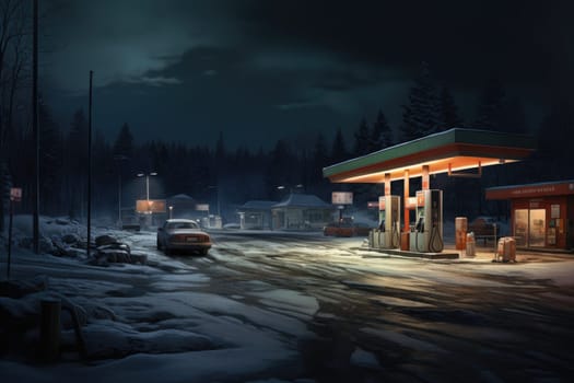 Gas station at night. Renewable power concept. Generative AI.