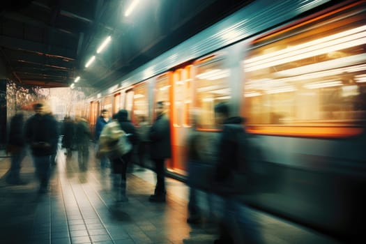 Crowd people in rush hour at subway. Generative AI.