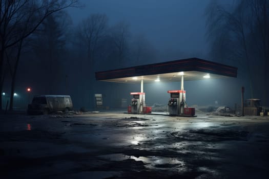 Gas station at night. Renewable power concept. Generative AI.