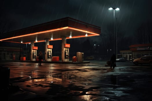 Gas station at night. Renewable power concept. Generative AI.