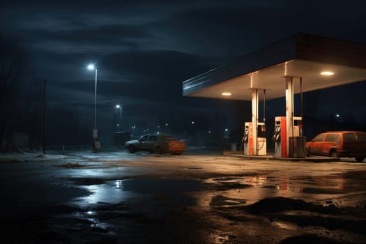 Gas station at night. Renewable power concept. Generative AI.