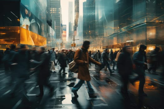 Crowd people in rush hour on a cross street. Generative AI.