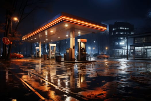 Gas station at night. Renewable power concept. Generative AI.