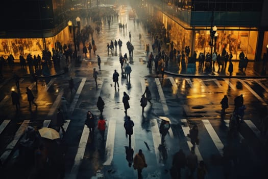 Crowd people in rush hour on a cross street. Generative AI.