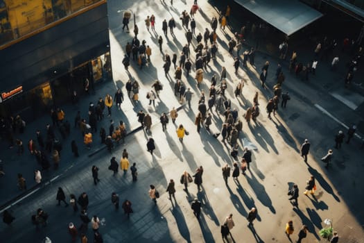 Crowd people in rush hour on a cross street. Generative AI.