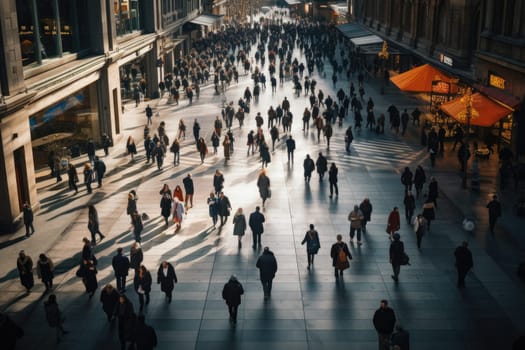 Crowd people in rush hour on a cross street. Generative AI.