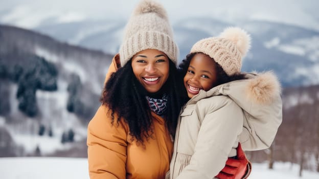 Happy, smiling, afro american family mother with daughter snowy mountains at ski resort, during vacation and winter holidays. Concept of traveling around the world, recreation, winter sports, vacations, tourism in the mountains and unusual places.