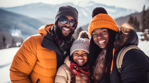 Happy, smiling, afro american family snow covered mountains at ski resort, during vacation and winter break. Concept of traveling around the world, recreation, winter sports, vacations, tourism in the mountains and unusual places.