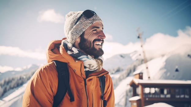 Happy, smiling, Caucasian man against the backdrop of snowy mountains at a ski resort, during vacation and winter holidays. Concept of traveling around the world, recreation, winter sports, vacations, tourism in the mountains and unusual places.