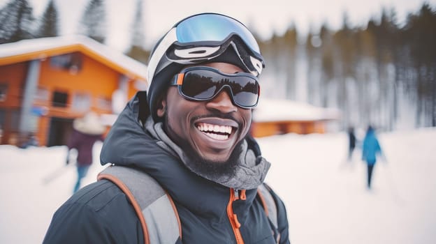 Happy, smiling, African American man against the backdrop of snowy mountains at a ski resort, during vacation and winter holidays. Concept of traveling around the world, recreation winter sports, vacations, tourism in the mountains and unusual places