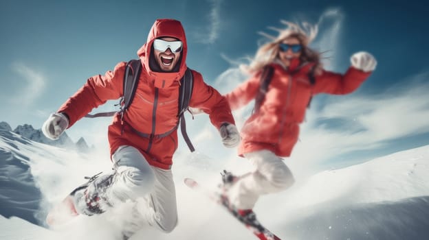 Happy, laughing young people in love skiing on snowy mountains at a ski resort, during vacation and winter holidays, bottom view. Concept of traveling around the world, recreation, winter sports, vacations, tourism in the mountains and unusual places