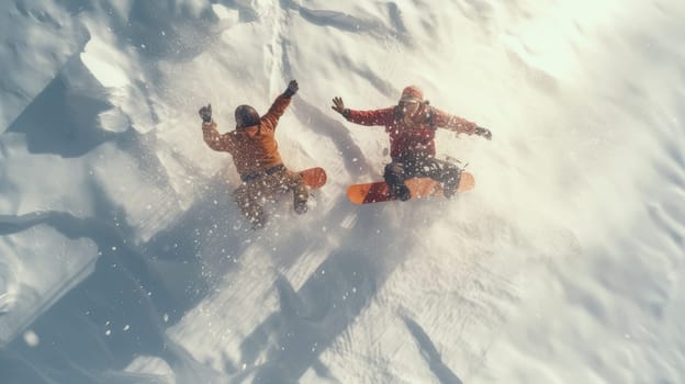 Happy, laughing young people in love skiing on snowy mountains at a ski resort, during vacation and winter holidays, bottom view. Concept of traveling around the world, recreation, winter sports, vacations, tourism in the mountains and unusual places