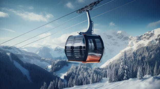 Modern spacious gondola cable car with cabin against the backdrop of snow-capped mountains in the luxurious winter alpine mountains. Concept of traveling around the world, recreation winter sports vacations tourism in the mountains and unusual places