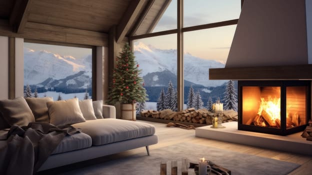 Cozy living room with panoramic window, fireplace with fire and views of winter mountains and forest at a ski resort and luxury hotel. Concept of traveling around the world, recreation, winter sports, vacations, tourism in the mountains and places.