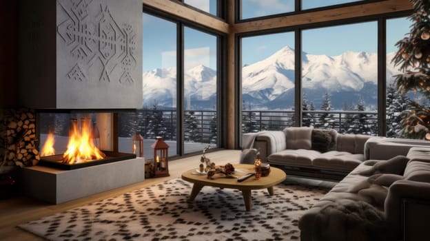 Cozy living room with panoramic window, fireplace with fire and views of winter mountains and forest at a ski resort and luxury hotel. Concept of traveling around the world, recreation, winter sports, vacations, tourism in the mountains and places.