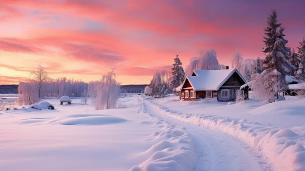 A small cozy, homely house in a village in the distance surrounded by a snow-covered landscape of beautiful nature in the middle of winter in pink sunshine. Concept of traveling around the world, recreation, vacations, tourism in the unusual places.