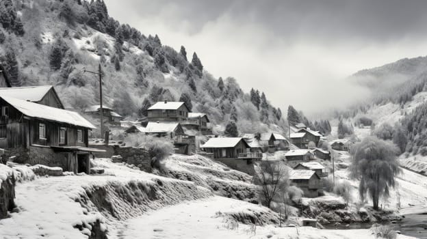 A small cozy, homely house in a village in the distance surrounded by a snow-covered landscape of beautiful nature in the middle of winter, black and white photo. Concept of traveling around the world, recreation, vacations, tourism in unusual places