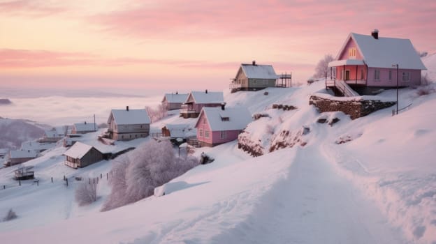 A small cozy, homely house in a village in the distance surrounded by a snow-covered landscape of beautiful nature in the middle of winter in pink sunshine. Concept of traveling around the world, recreation, vacations, tourism in the unusual places.