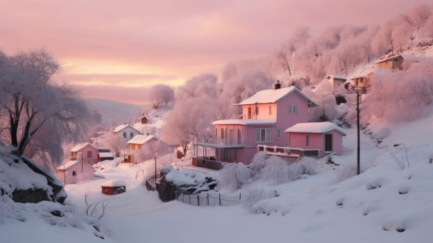 A small cozy, homely house in a village in the distance surrounded by a snow-covered landscape of beautiful nature in the middle of winter in pink sunshine. Concept of traveling around the world, recreation, vacations, tourism in the unusual places.