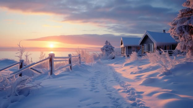 A small cozy, homely house in a village in the distance surrounded by a snow-covered landscape of beautiful nature in the middle of winter in pink sunshine. Concept of traveling around the world, recreation, vacations, tourism in the unusual places.