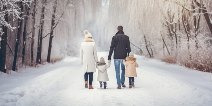 Happy family Father, mother and children are having fun and playing on snowy winter walk in nature. comeliness