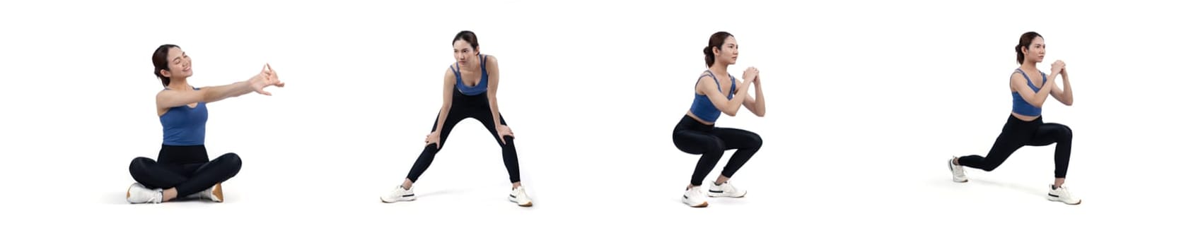 Collection of body workout training with stretching and warming up posture for athletic woman in different various exercise posing sequence in full body studio shot on isolated background. Vigorous