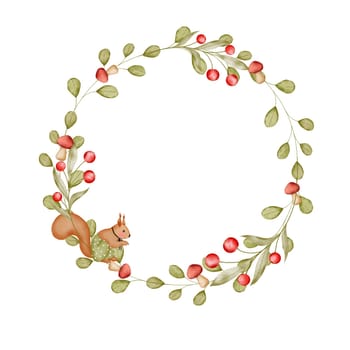 Watercolor drawing round green frame with twigs and berries and a squirrel. Cute wreath with plants and cute animal to decorate cards and invitations for birthdays and baby showers. For printing on tags.