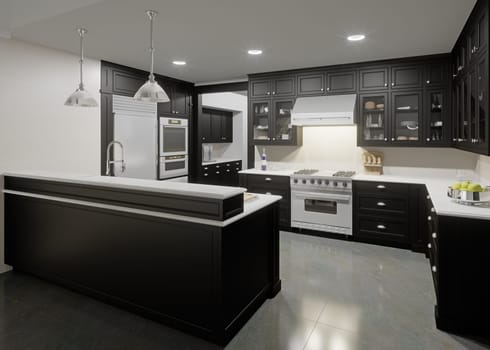 Modern Kitchen Interior Design. 3D Rendering