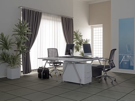 3D interior of bright open office interior space. Render of concept design