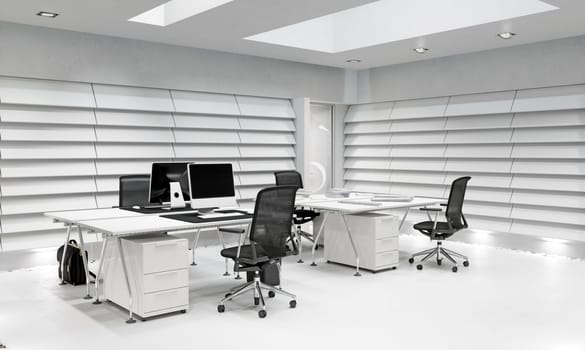 3D interior of bright open office interior space. Render of concept design