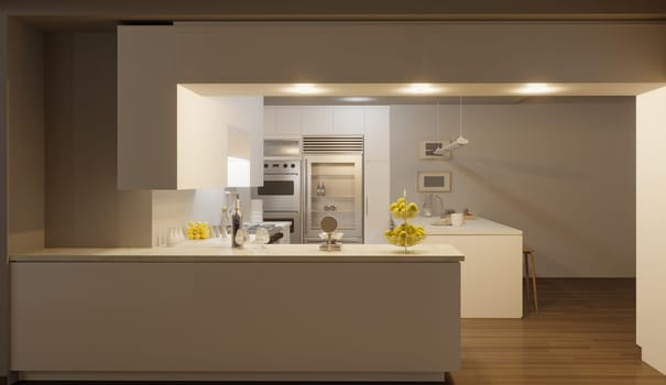 Modern Kitchen Interior Design. 3D Rendering