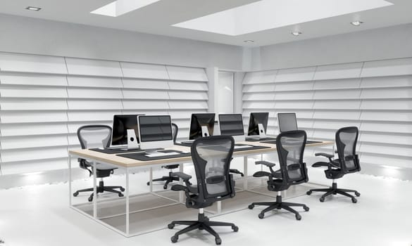 3D interior of bright open office interior space. Render of concept design