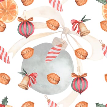 Watercolor seamless Christmas pattern with Christmas tree decorations, walnuts, orange slices, bells and holly. New Year print for printing on home textiles and wrapping paper.