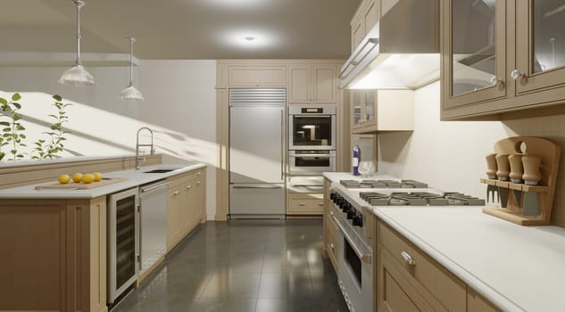 Modern Kitchen Interior Design. 3D Rendering