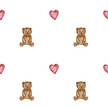 Adoreable watercolor seamless pattern teddy bear with red hearts. Cute print for wrapping paper and phone cases. High quality illustration